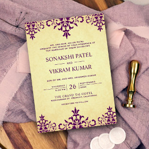 Invitation Vintage Ethnique Pourpre Damassé Mariage Indien