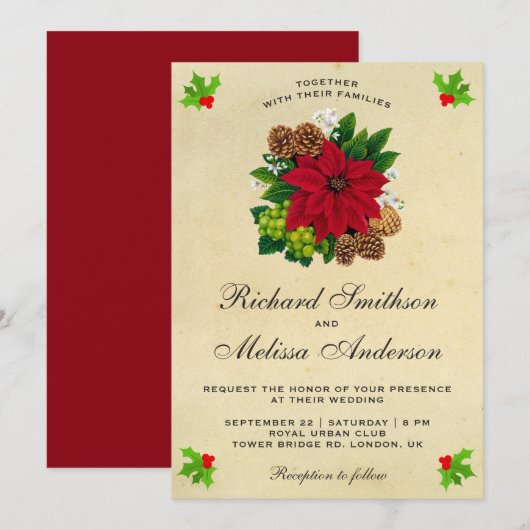 Invitation Vintage Festive Poinsettia Mariage de Noël (Devant / Derrière)