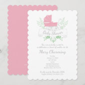 Invitation vintage fille BABY SHOWER rose prin (Devant / Derrière)