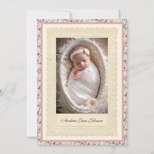 Invitation Vintage fille Baptême rose Roses Photo (Devant)