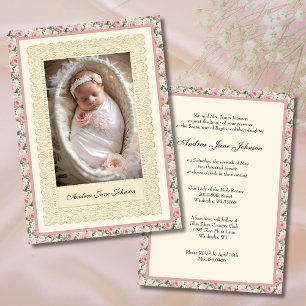 Invitation Vintage fille Baptême rose Roses Photo