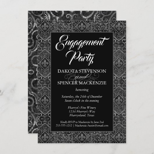 Invitation Vintage Fleur de Lis Damask | Grunge Fiançailles (Devant / Derrière)