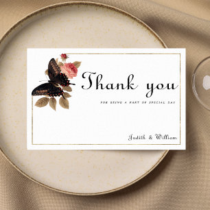 Invitation Vintage fleuri Merci brun rose papillon