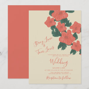 Invitation Vintage Flora Coral rose Mariage botanique