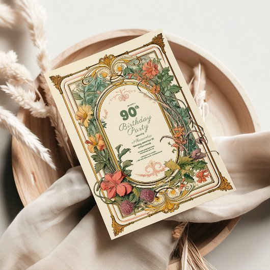 Invitation Vintage Floral Art Nouveau 90e anniversaire