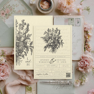 Invitation Vintage Floral Beurre Jaune QR Mariage chrétien
