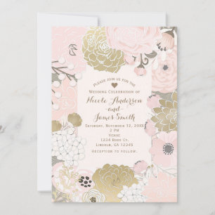 Invitation Vintage Floral Botanique rose Mariage or