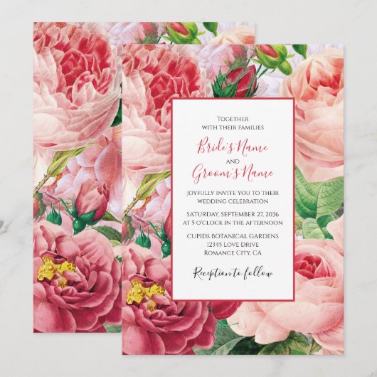 Invitation Vintage Floral & Botanique Rose Roses Mariage (Devant / Derrière)