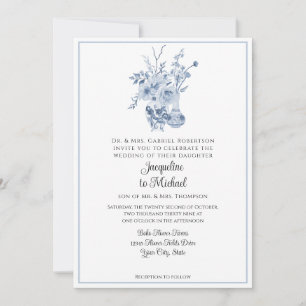 Invitation Vintage Floral Chinoiserie Blanc et bleu Mariage