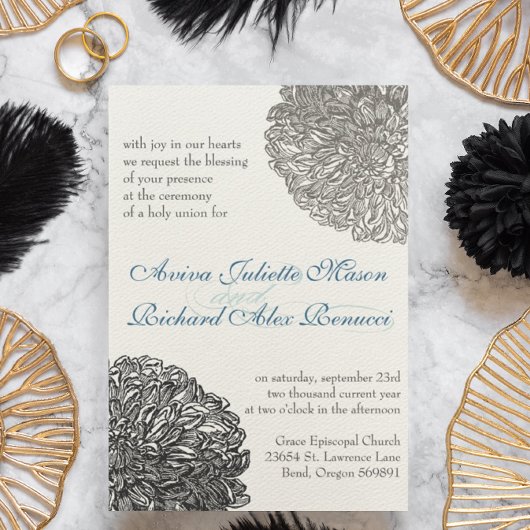 Invitation Vintage Floral Chrysanthemum gris et bleu