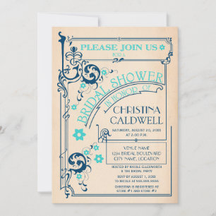 Invitation Vintage Floral Floury Marine Aqua Fête des mariées