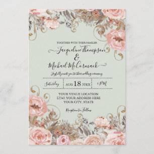 Invitation Vintage Floral Folio rose or Boho Mariage