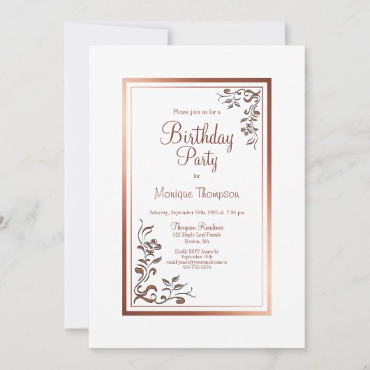 Invitation Vintage Floral Gold Frontière fête d'anniversaire (Devant)