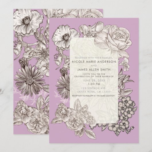 Invitation Vintage Floral Lavande violet Mariage moderne (Devant / Derrière)
