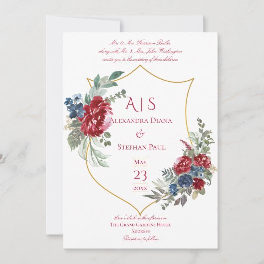 Invitation Vintage Floral Magenta Crest Monogramme Mariage (Devant)