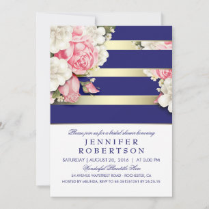 Invitation Vintage Floral Navy Gold Stripes Fête des mariées