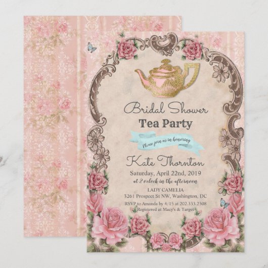 Invitation vintage Floral Tea Bridal Douche (Devant / Derrière)