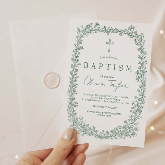 Invitation Vintage Floral Toile Green Baptism
