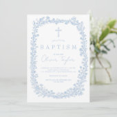 Invitation Vintage Floral Toile Light Blue Baptism (Debout devant)
