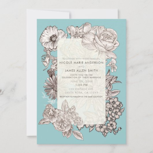 Invitation Vintage Floral Turquoise Bleu Moderne Mariage (Devant)