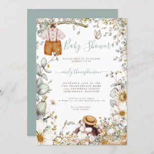 Invitation Vintage Florals Bunny Shorts Baby shower garçon