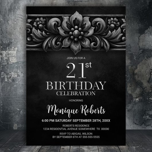 Invitation Vintage Flower Black 21st Birthday Party