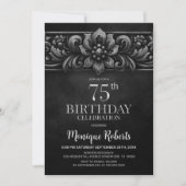 Invitation Vintage Flower Black 75th Birthday Party (Devant)