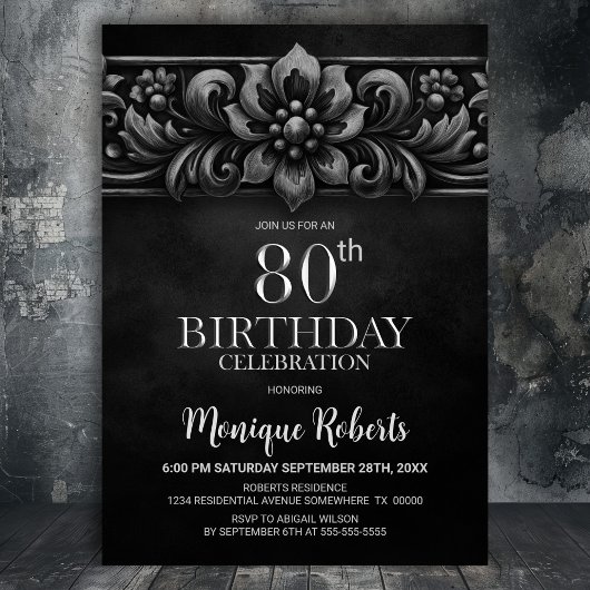 Invitation Vintage Flower Black 80th Birthday Party