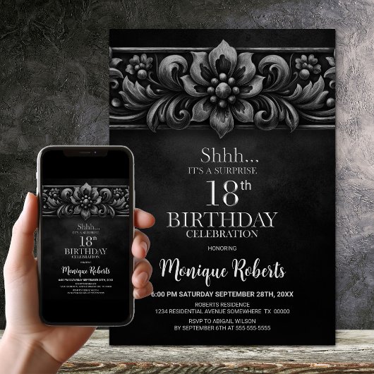 Invitation Vintage Flower Black Surprise 18th Birthday Party