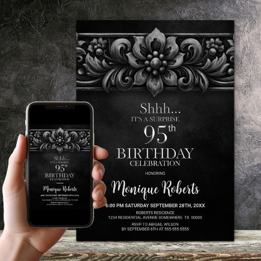 Invitation Vintage Flower Black Surprise 95th Birthday Party