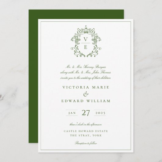 Invitation Vintage Forest Green Crest Monogramme Mariage (Devant / Derrière)