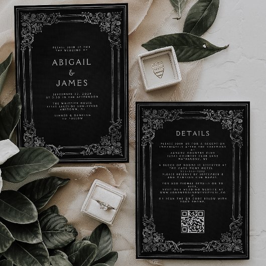 Invitation Vintage Frame Black Silver QR Code Wedding