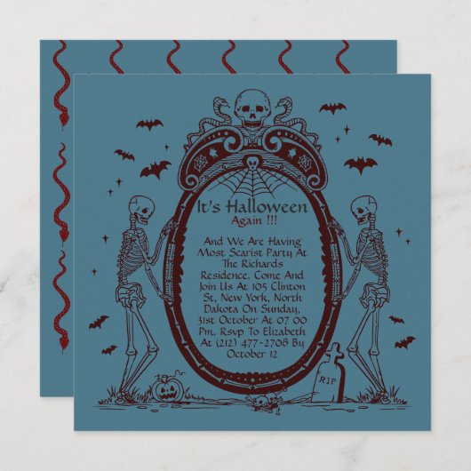 Invitation Vintage Frame Blue Halloween (Devant / Derrière)