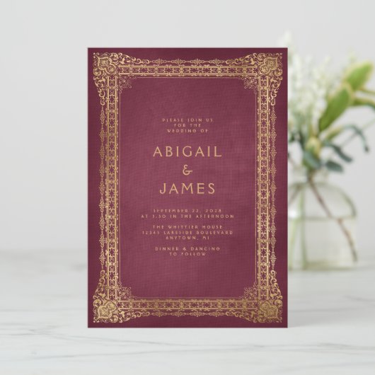 Invitation Vintage Frame Red Gold Mariage (Debout devant)