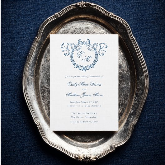 Invitation Vintage French Monogram Wreath Blue Wedding