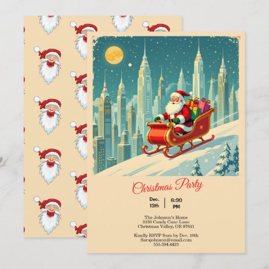 Invitation Vintage & Futuristic City Santa Sleigh Christmas (Devant / Derrière)