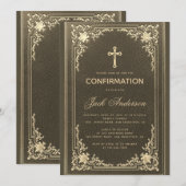 Invitation Vintage Garçon Écriture Élégante Confirmation Noir (Devant / Derrière)