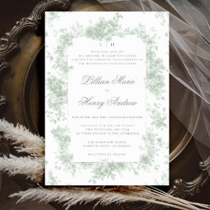 Invitation Vintage Garden Green Toile Français Floral Mariage