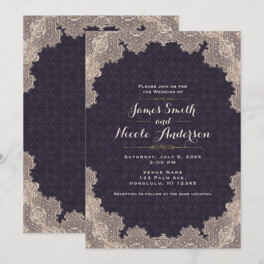 Invitation Vintage Glam Romantique dentelle violet élégant ma (Devant / Derrière)