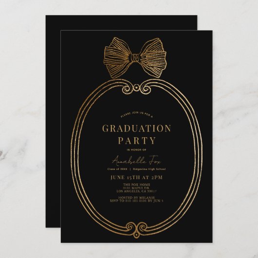 Invitation Vintage Gold Bow Ruban Black Graduation Party (Devant / Derrière)