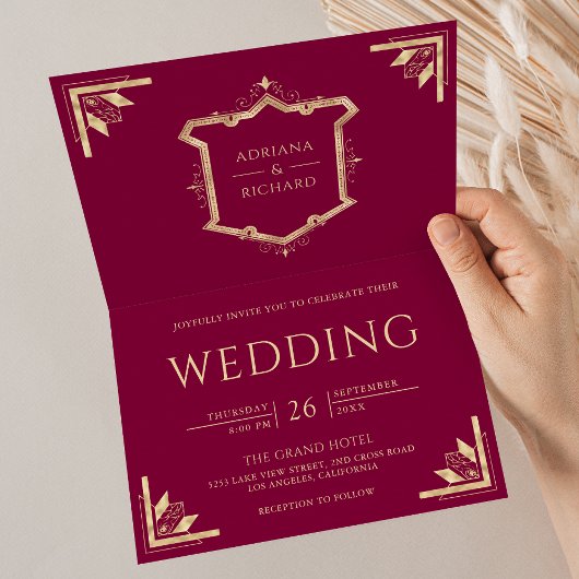Invitation Vintage Gold Crest QR Code Magenta Wedding