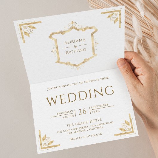 Invitation Vintage Gold Crest QR Code White Wedding