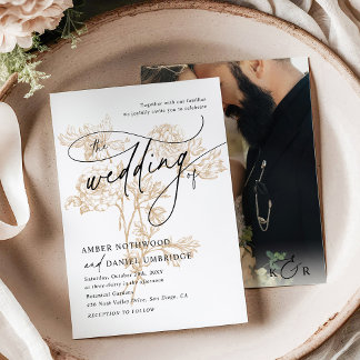 Invitation Vintage Gold Floral Modern Script Mariage photo