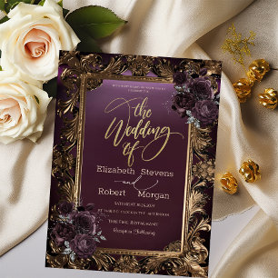Invitation Vintage Gold Frame Bourgogne Rose Mariage