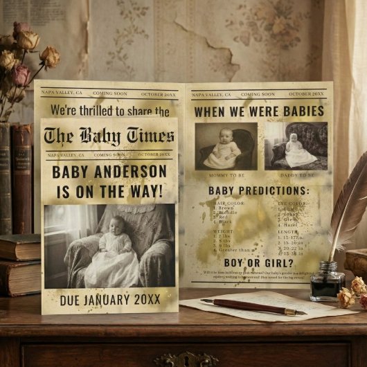 Invitation vintage gold Newspaper Pregnancy Announcement
