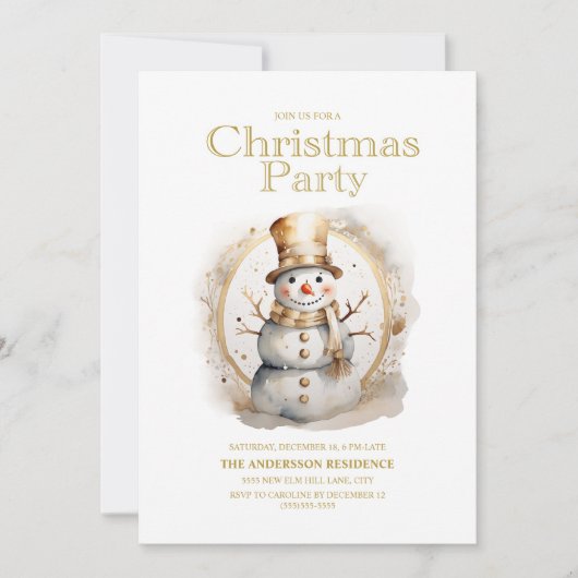 Invitation Vintage Gold White Snowman Noël (Devant)