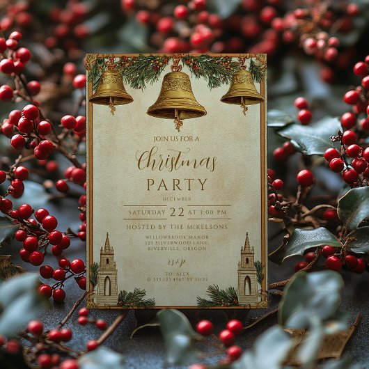 Invitation Vintage Golden Bells Noël