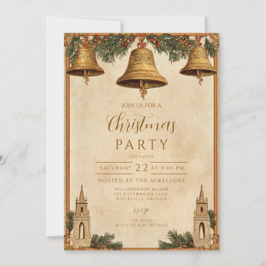 Invitation Vintage Golden Bells Noël (Devant)