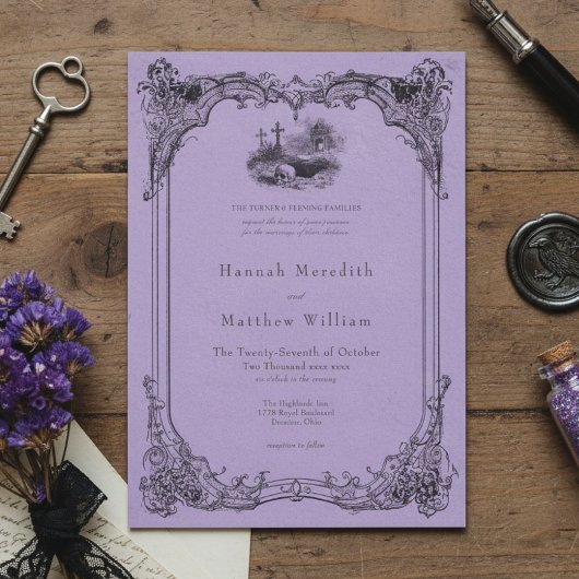 Invitation Vintage Gothic Black Toile Purple Skull Wedding