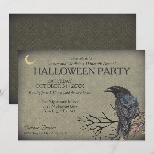Invitation Vintage Gothique Raven Halloween Party (Devant / Derrière)
